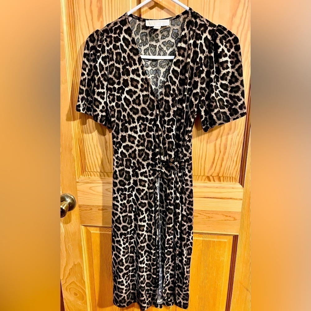 Michael Kors Leopard Print Puff Sleeve Midi Wrap Dress SZ XXS Animal Print Glam
